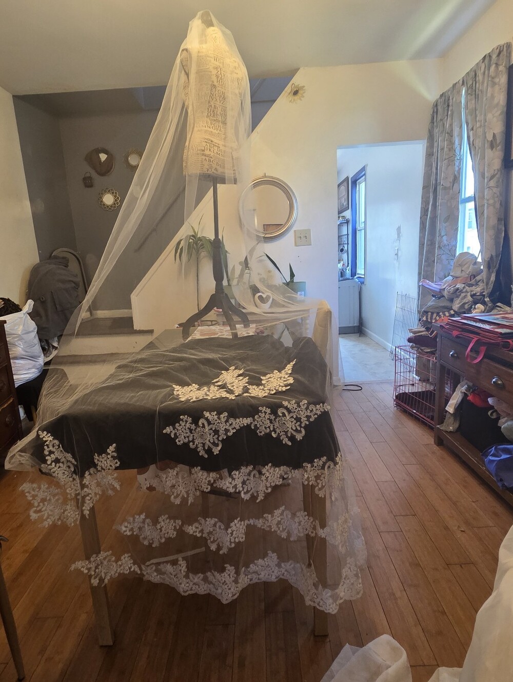 Delicate Ivory Lace Veil Overlay on White Fabric